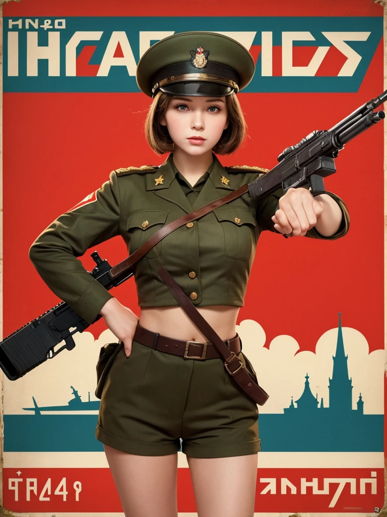 best quality,masterpiece,highly detailed,ultra-detailed, 1girl,cityscape, ussr soviet umion, propaganda, poster, army, beaurty Russian girl, Russian army uniform,realistic, woman holding a big ass gun standing in uniform against red background with her back to us, 1girl, solo, weapon, gun, hat, midriff, beret, rifle, shorts, fighting pose,Propaganda Poster, Soviet Propaganda,nsfw,porn,sexy