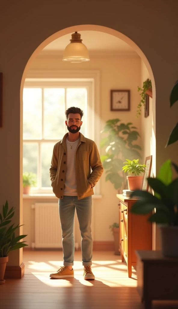 One husband in home passage background 3d animation style