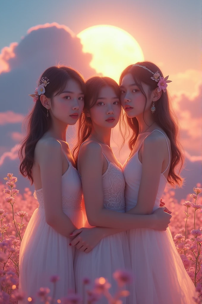 I'm taking photos for a new concept album. Create a girl group concept photo in the style of "MOONLIGHT SUNRISE"