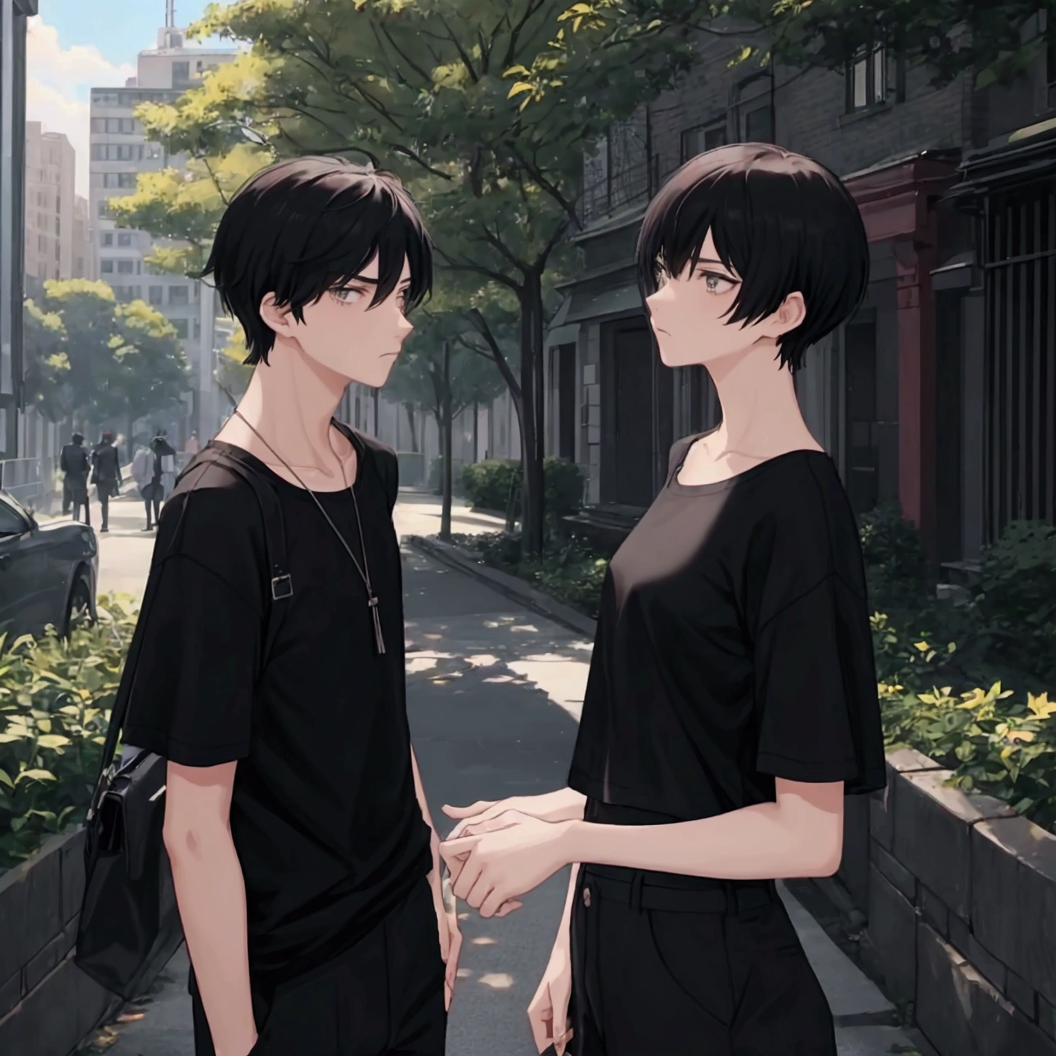 1 male (arrogant, black short hair, tall,) and 1 girl (medium hazel hair), Arguing and argument , wear simple short Sleeve clothes, in park, enemy, mocking and cute