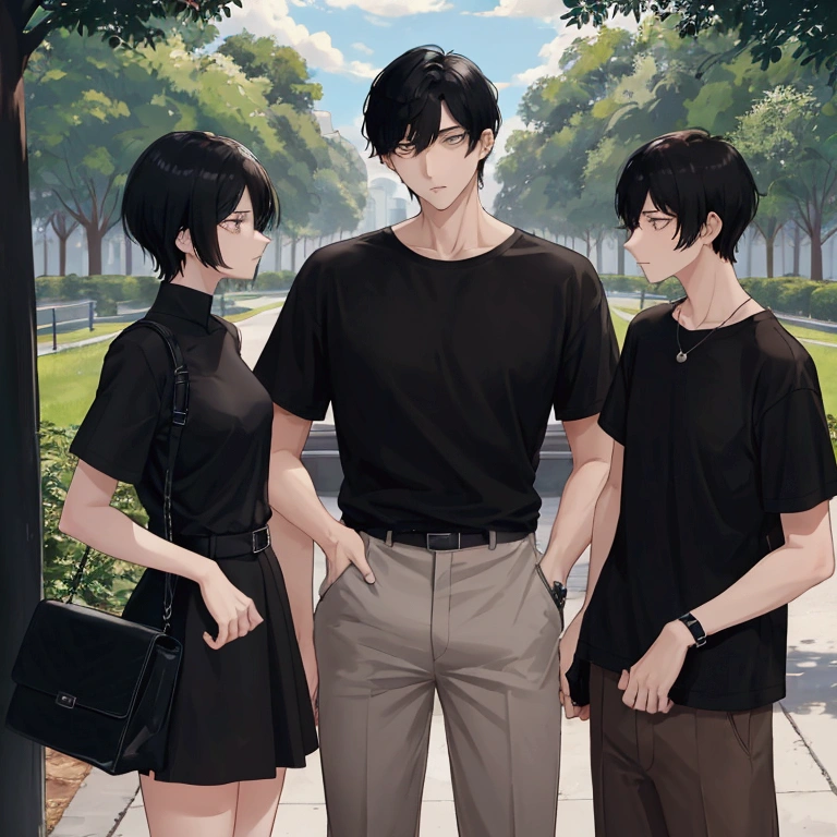 1 male (arrogant, black short hair, tall,) and 1 girl (medium hazel hair), Arguing and argument , wear simple short Sleeve clothes, in park, enemy, mocking and cute