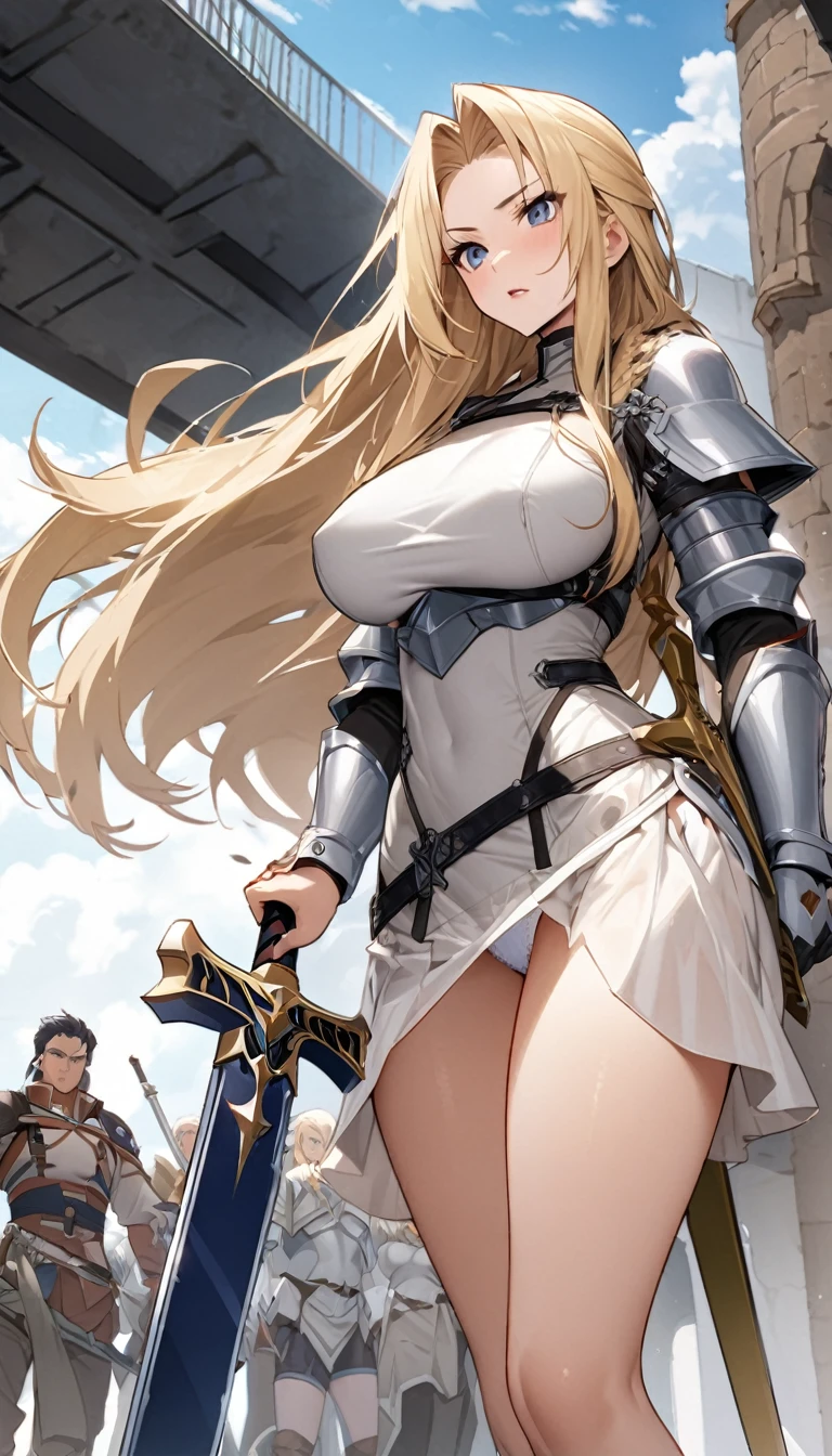 Ultra-high definition image quality、beautiful girl、Female Swordsman、Light Armor、Griepputz、Long Hair、blonde、20-year-old、Be confident々face、Very short tight skirt、Sexy posture、Cowgirl、wilderness、Highest quality,Big Ass、Big Breasts、Thighs、Grasping the hilt of the holy sword Excalibur、pure white, Exquisitely decorated panties、Take a big stride and kick your feet out to jump、Joan of Arc style clothing、Wind King Barrier、Her hair is blowing in the wind、The Sword of Promised Victory、god々I'm wearing a new aura、Big Ass、Valkyrie the War Maiden、Crotch close-up、Angle from directly below、Squat with your legs apart