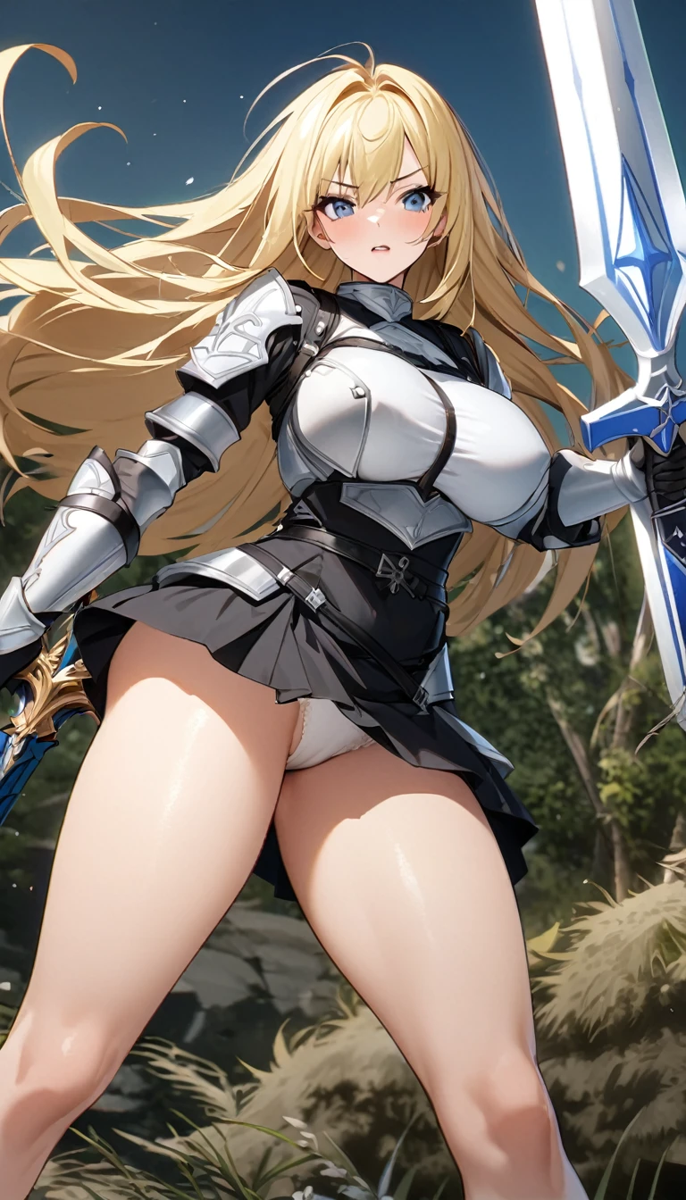 Ultra-high definition image quality、beautiful girl、Female Swordsman、Light Armor、Griepputz、Long Hair、blonde、20-year-old、Be confident々face、Very short tight skirt、Sexy posture、Cowgirl、wilderness、Highest quality,Big Ass、Big Breasts、Thighs、Grasping the hilt of the holy sword Excalibur、pure white, Exquisitely decorated panties、Take a big stride and kick your feet out to jump、Joan of Arc style clothing、Wind King Barrier、Her hair is blowing in the wind、The Sword of Promised Victory、god々I&#39;m wearing a new aura、Big Ass、Valkyrie the War Maiden、Crotch close-up、Angle from directly below、Squat with your legs apart