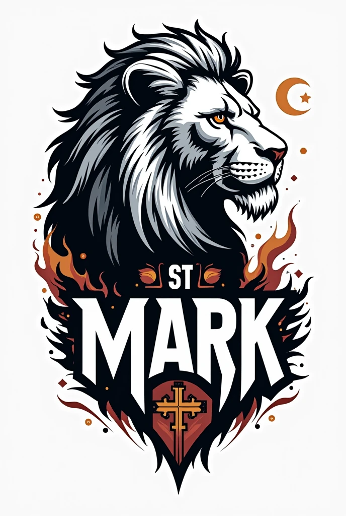 Make a tshirt design the front should have a lion facing sideways with the text stmark next to the lion the t-shirt should have a dominant color of white with at least 60% add unique designs, patterns.  make it so there is enough space near the top to add a logo 
IT SHOULD ALL BE INSIDE A TSHIRT

