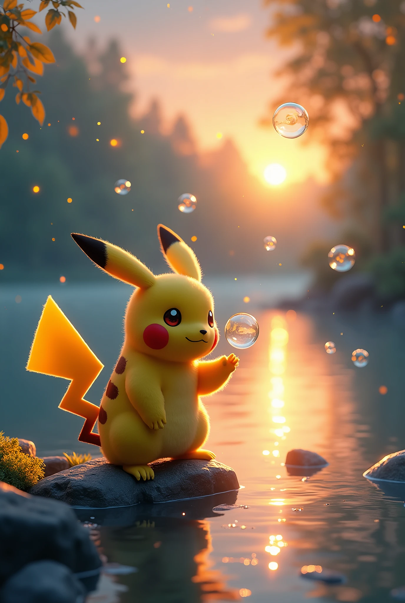 A touching scene in ultra-high definition ,1Pikachu,(solo), a wish beside a tranquil lake. Pikachu, Beautifully rendered details,  See gently blowing bubbles into the air, Everyone has good wishes. Bubbles capture sunset reflections, create a fantastic, magical effect. The overall atmosphere  gentle, full of hope and peace,starry light