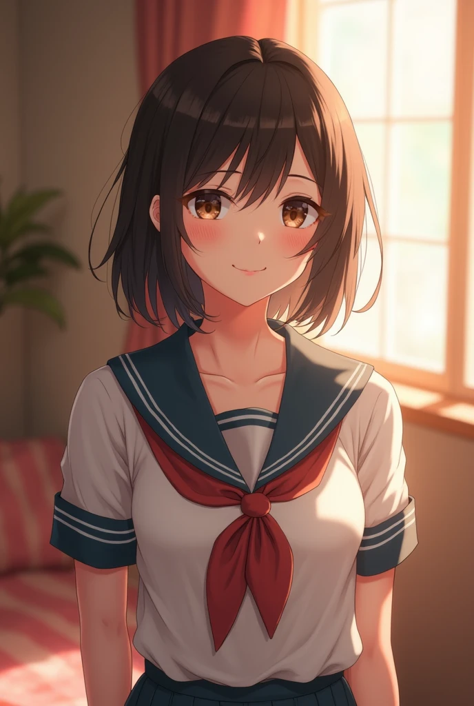 Japanese High School Uniform、Sailor suit Asian japanese At home Human body
E Cup、Smile、