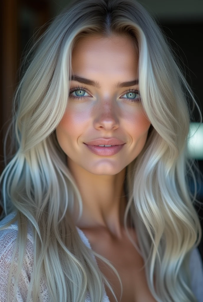 young woman, Silver hair, Hair over the shoulder, Long hair, deep blue eyes, nice smile, 85mm, Canon, uhd, anatomically correct, textured skin, Super Detail, 8k