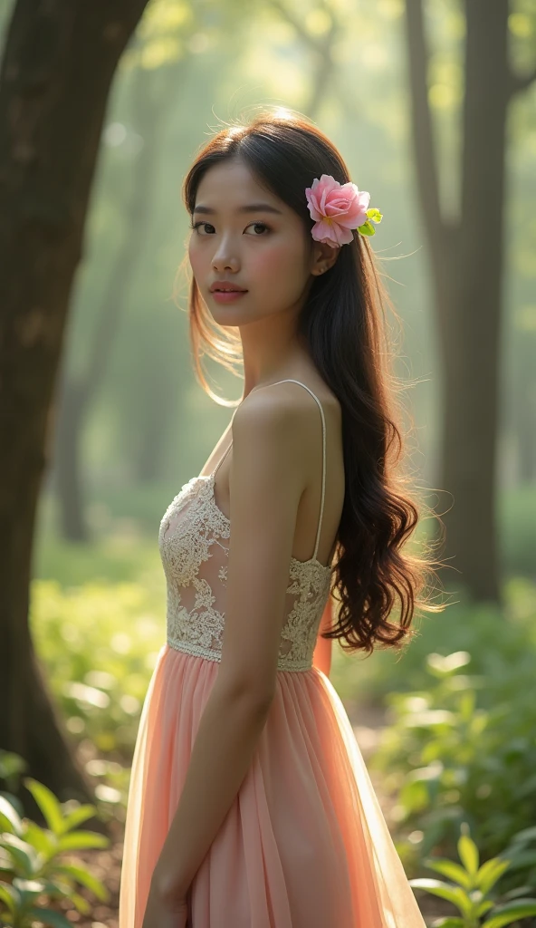 Picture of a beautiful Thai girl F[ikI full body, long straight hair, oval face, standing in the forest, amidst soft sunlight shining through the trees, wearing a long light pink dress decorated with white lace, has a sweet face, beautiful and sweet, bright eyes, has a pink flower adorning her hair, light pink makeup, the background is a brownish green forest, shady and cool atmosphere, sunlight shining down softly, creating soft shadows.