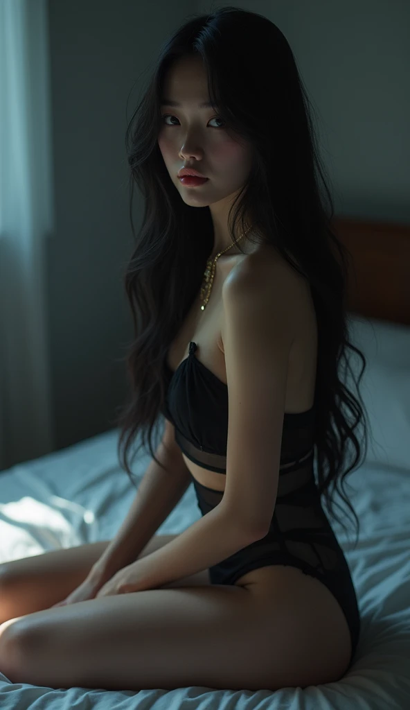 Black underwear,Back view,Very young Japanese woman,The room is very cool、Beautiful lighting,jewelry,Sit on the bed,Long black hair,alone,necklace,long hair,whole body,Earrings,avert your eyes,Look to the side,compensate, Highest quality , masterpiece, figure, Very delicate and beautiful, Very detailed ,CG,Unity,8k wallpaper, wonderful, In detail,Official Art,Very detailed CG Unity 8k wallpaper,Absurd, incredibly Absurd, Large file size , High resolution,Beautiful detailed, eyes and face, Beautiful attention to detail,Light on the face