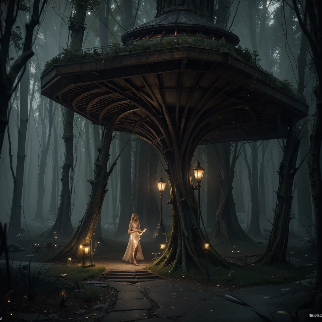 An AI-generated masterpiece depicting a chilling symphony of music resonating from within grotesque, organic structures  nightmarish creations. The scene showcases the fusion of art and technology, creating an eerie and surreal ambiance. The image portrays the following elements: - (best quality, 4k, highres, masterpiece:1.2), ultra-detailed, (realistic, photorealistic, photo-realistic:1.37) rendering: The image is of the highest quality, with intricate details and lifelike textures. The lighting and shadows are meticulously crafted to create a realistic atmosphere. - Grotesque, organic structures: These otherworldly structures are reminiscent of H.R. Giger's signature style, blending bio-mechanical elements with hauntingly beautiful aesthetics. The intricate details of the structures convey a sense of dark elegance. - AI-generated music: The air is filled with an ethereal symphony, harmonizing with the surroundings. The music is an AI-generated composition, creating a unique, haunting experience for the viewer. - Eerie ambiance: The scene exudes a chilling atmosphere, with hints of suspense and mystery. The lighting is subdued but strategically placed to enhance the unsettling mood. Shadows dance across the grotesque structures, adding depth and drama. - Surreal elements: The image presents a surreal setting that merges the boundaries between reality and dreams. It sparks the imagination and invites viewers to explore the darkest corners of their minds. - Cinematic color palette: The color palette consists of deep, rich tones, and purple glows, enhancing the eerie atmosphere. Shades of dark blues, purples, and blacks dominate the scene, adding a sense of unease and mystery. ((there's a beautiful naked blonde woman standing in a ray of gold light)) - Attention to detail: Every element of the image,
