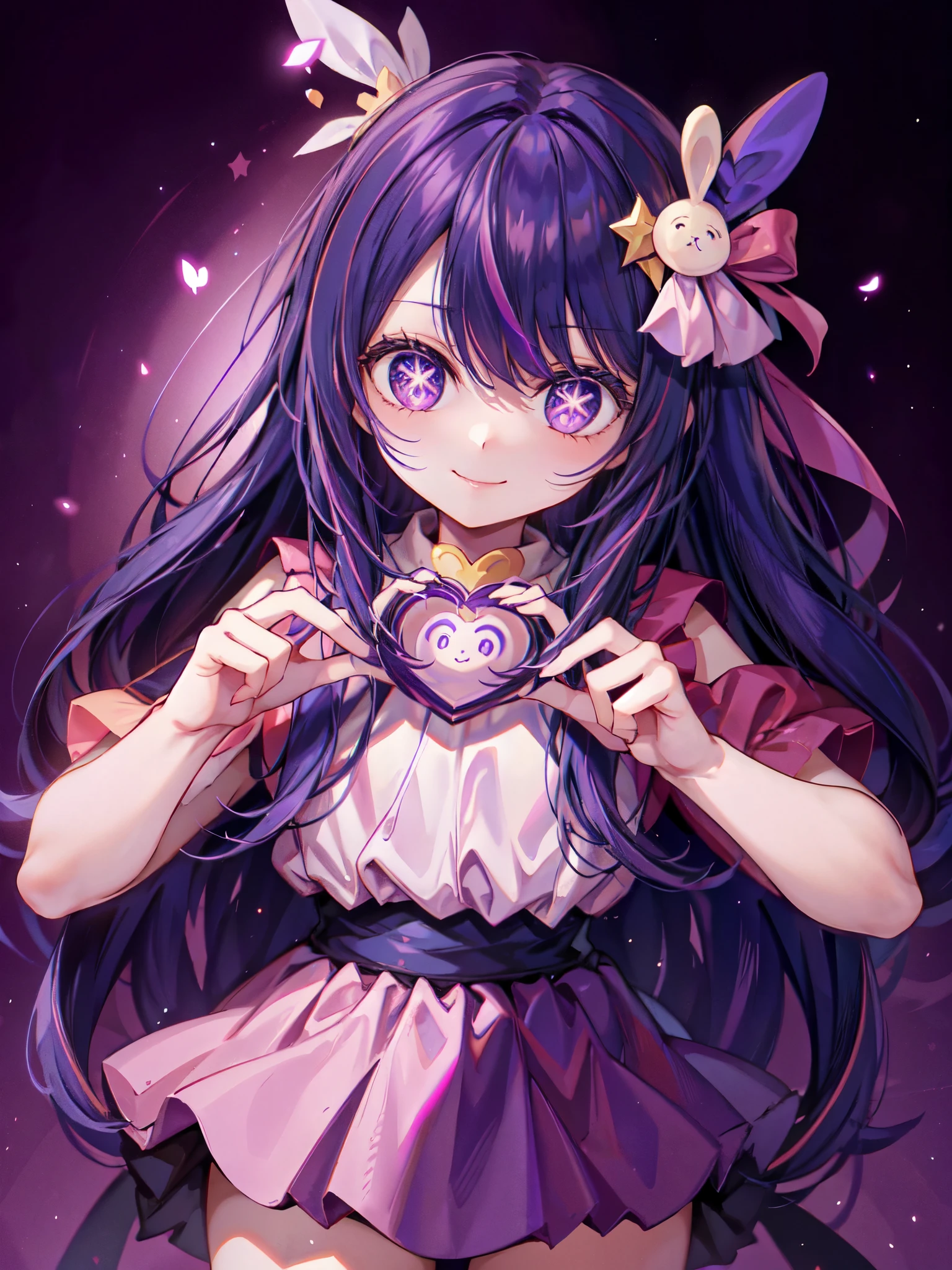 Hoshino Ai, long hair, purple hair, streaked hair ,purple eyes, star-shaped pupils, hair ornament,Cute Smile、Chibi Character、Highest quality、Making a heart with hands、