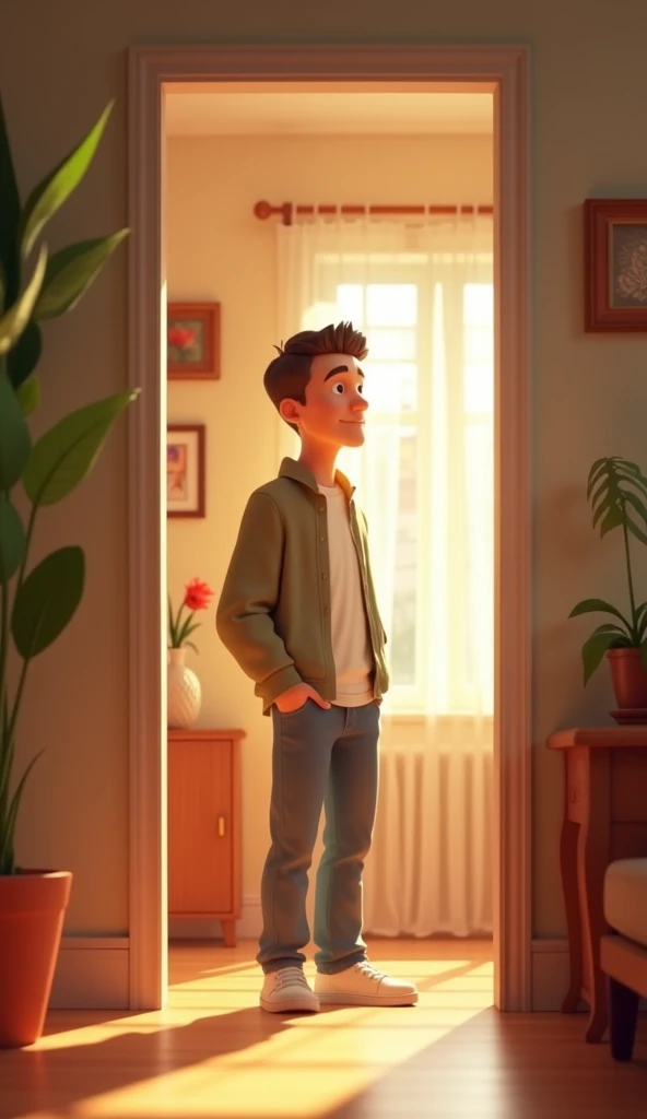 One  husband  in home passage background 3d animation style 