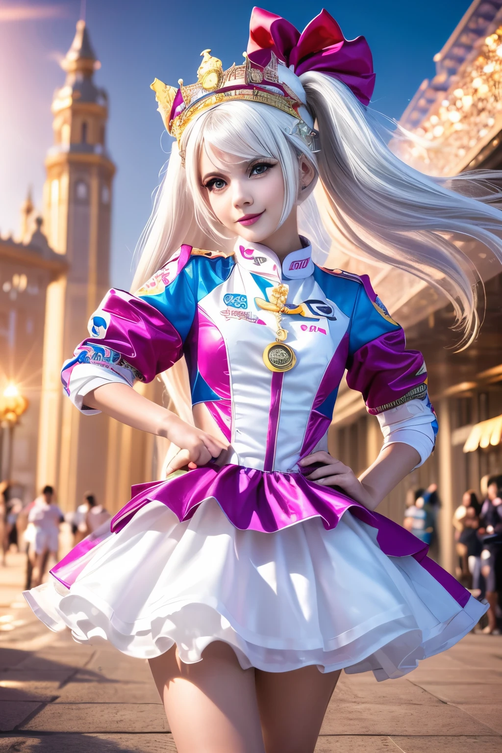 masterpiece,Highest quality,Very detailed,Beautiful girl in colorful race queen costume,,White Hair,very cute,Race Circuit
