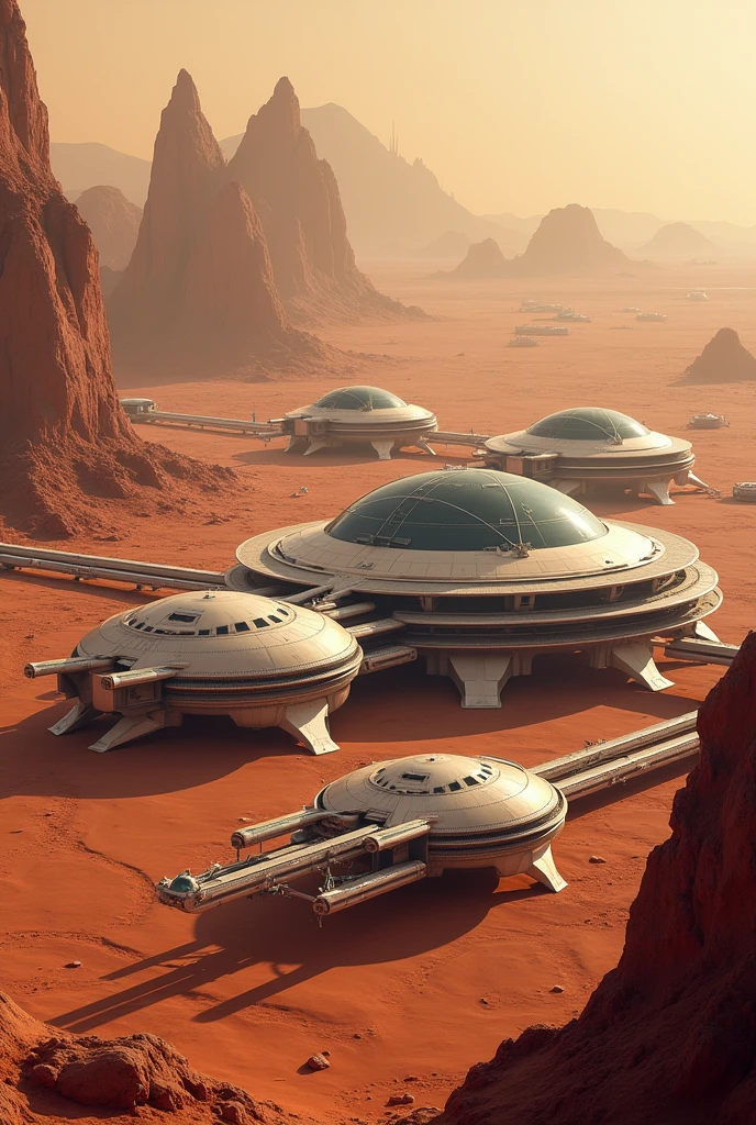 AN IMAGE WITH TODAY'S TECHNOLOGY IN A HABITAT ON MARS WITH HOUSES AND CITIES
