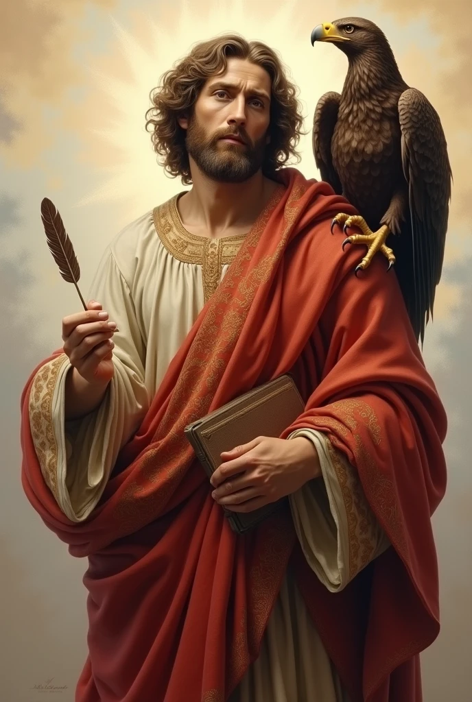 Create an image of Saint John the Evangelist in a classical style, with a serene and contemplative expression. He must be wearing traditional clothes, with a flowing tunic and rich details. In one hand, he holds a feather, symbolizing the writing of the Gospel. on the shoulder, there must be an eagle, representing spiritual vision and higher understanding. The background can be soft and bright, with a spiritual atmosphere that highlights the presence of Saint John and his symbols