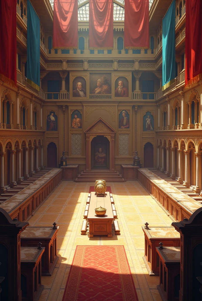 A large hall decorated with colorful cloth flags and paintings of warriors and mages from the past. At the far end of the hall, behind a counter, there is a door on the left and right. There are boards on the left and right walls. There is a long table and several long chairs on the left. There are two long chairs on the right. In the middle of the hall is a large courtyard, all made of wood.
