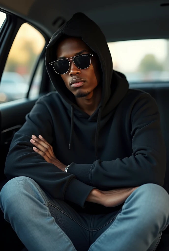 best qualityer:1.4), (ultra high resolution:1.2), (photorrealistic:1.4), (8k, CRU photo:1.2), 1 young teenager of 20 years old. skin black. He's wearing a black hooded sweatshirt. He's got the hood on. He's wearing light jeans. He's wearing sunglasses. He is sitting in the back seat of the car. his arms are crossed. .