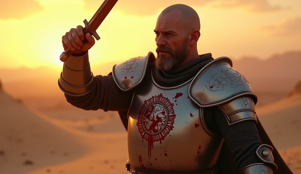 A highly realistic, high-contrast, 8K HD, detailed, hyper-detailed image of Tadakoro, a medieval knight with a shaved head, raising a small knife in a fierce and determined strike. Tadakoro is dressed in steel armor, featuring the exact lion emblem as shown in the provided image, prominently displayed on his chest. The scene takes place in a desert at sunset, where the golden hues of the setting sun illuminate the barren landscape. The atmosphere is intense, with Tadakoro's face reflecting pain and resolve as he wields the knife. The armor, with the lion emblem clearly visible, is splattered with blood, adding to the raw emotion and drama of the moment. The knife itself remains clean, free from any blood. The image is of the highest quality, with ultra-high resolution, RAW photo quality, and Unreal Engine rendering, capturing the essence of Tadakoro’s struggle and determination.