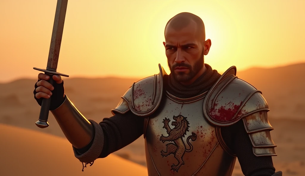 A highly realistic, high-contrast, 8K HD, detailed, hyper-detailed image of Tadakoro, a medieval knight with a shaved head, raising a small knife in a fierce and determined strike. Tadakoro is dressed in steel armor, featuring the exact lion emblem as shown in the provided image, prominently displayed on his chest. The scene takes place in a desert at sunset, where the golden hues of the setting sun illuminate the barren landscape. The atmosphere is intense, with Tadakoro's face reflecting pain and resolve as he wields the knife. The armor, with the lion emblem clearly visible, is splattered with blood, adding to the raw emotion and drama of the moment. The knife itself remains clean, free from any blood. The image is of the highest quality, with ultra-high resolution, RAW photo quality, and Unreal Engine rendering, capturing the essence of Tadakoro’s struggle and determination.