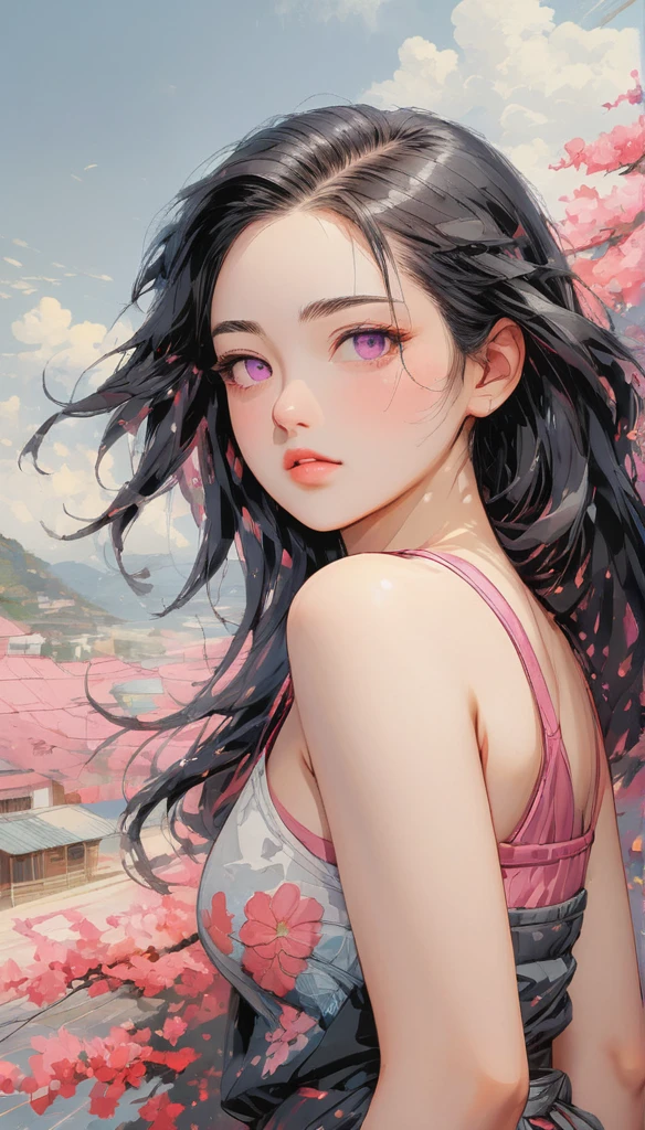 A beautiful waifu named Nezuko Komado with pink eyes, long flowing black hair, large breasts, and thick thighs, standing in a relaxed pose with her hands behind her back, having a dramatic, neutral expression on her young face, her tank top revealing pronounced cleavage and sideboob, her long hair fluttering in the wind, with a pale color gradation, blending retro elements, contemporary digital art, and surrealism, with intricate details, (best quality,4k,8k,highres,masterpiece:1.2),ultra-detailed,(realistic,photorealistic,photo-realistic:1.37),HDR,UHD,studio lighting,ultra-fine painting,sharp focus,physically-based rendering,extreme detail description,professional,vivid colors,bokeh,portrait,dramatic,vintage