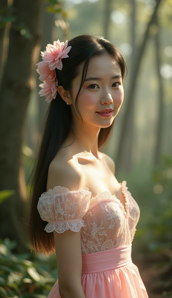 A full-length image of a beautiful ancient Thai woman with long, straight hair and an oval face, standing in the forest amidst soft sunlight shining through the trees. She wears a long, light pink dress decorated with white lace. She has a sweet, pretty face with bright eyes. A pink flower is decorating her hair. Her makeup is in shades of pink. The background is a brownish-green forest, with a shady, cool atmosphere. The sunlight shines down softly, creating soft shadows.