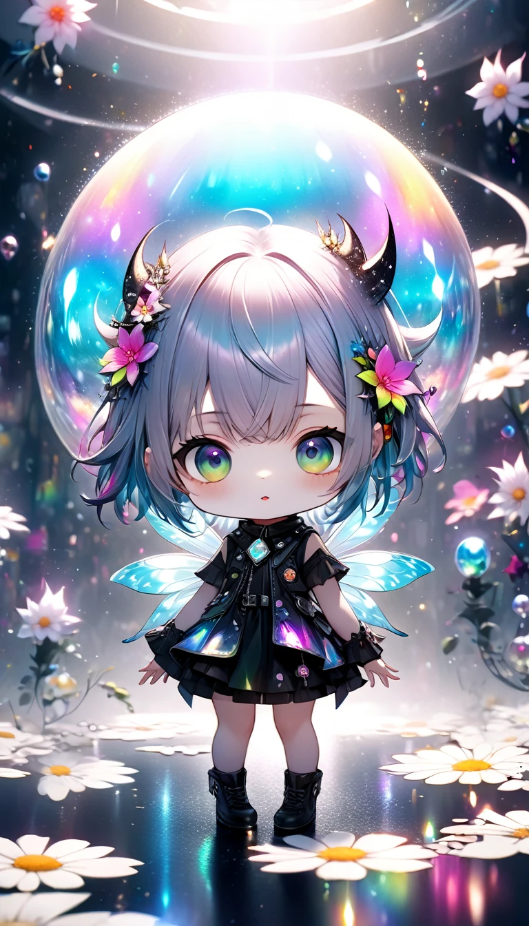 chibi, fantasy world that combines flower-punk and gem-punk, fairy spirits of beauty, background distorted space from another dimension, cute little devils, conceptual installation art, (ultra detailed, absolutely resolution, best quality:1.3), 2.5D, delicate and dynamic effects, foggy filter effects, iridescent glitter effects, artistic, hyper, graphic CG digital art