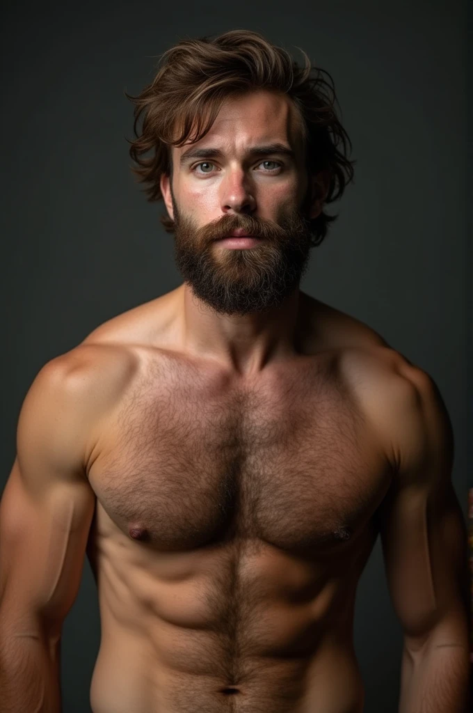 A hairy man, perfect cock, spilling pre-cum completely naked