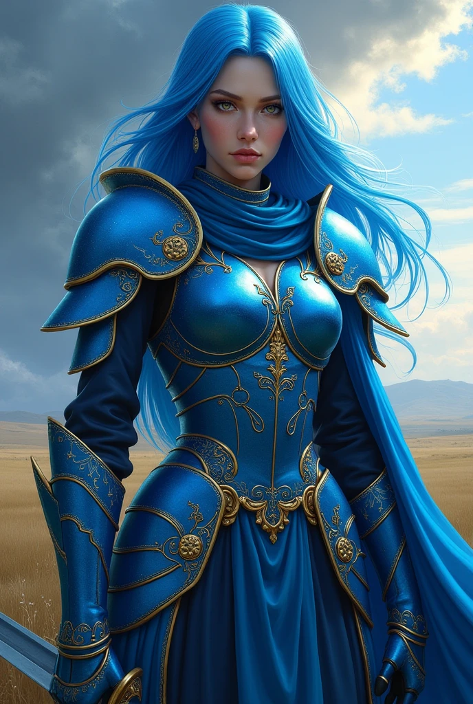 Blue long hair、Blue armor with yellow and white engravings、Holding a big blue sword、Beautiful woman