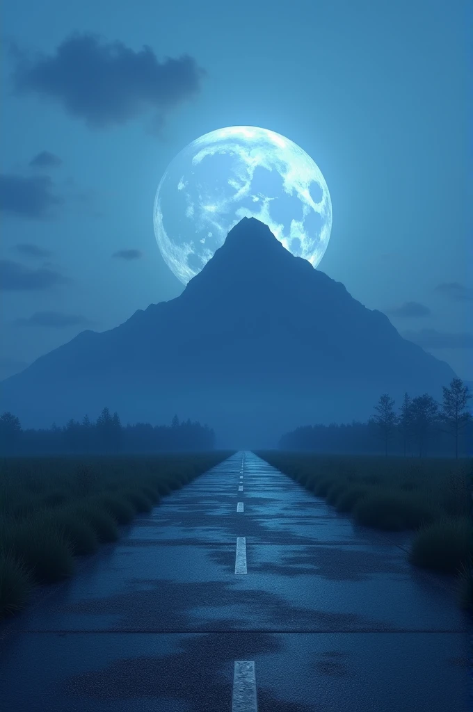 Empty cemented road single.at midnight its a blue hour.beside the road there is grass short.. Road is going towards the one big mountain. It looks like road is going towards the big moon.generate some pics