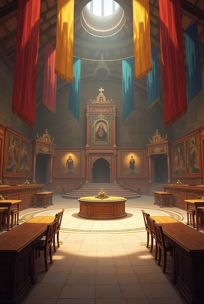A large hall decorated with colorful cloth flags and paintings of warriors and mages from the past. At the far end of the hall, behind a counter, there is a door on the left and right. There are boards on the left and right walls. There is a long table and several long chairs on the left. There are two long chairs on the right. In the middle of the hall is a large courtyard, all made of wood.
