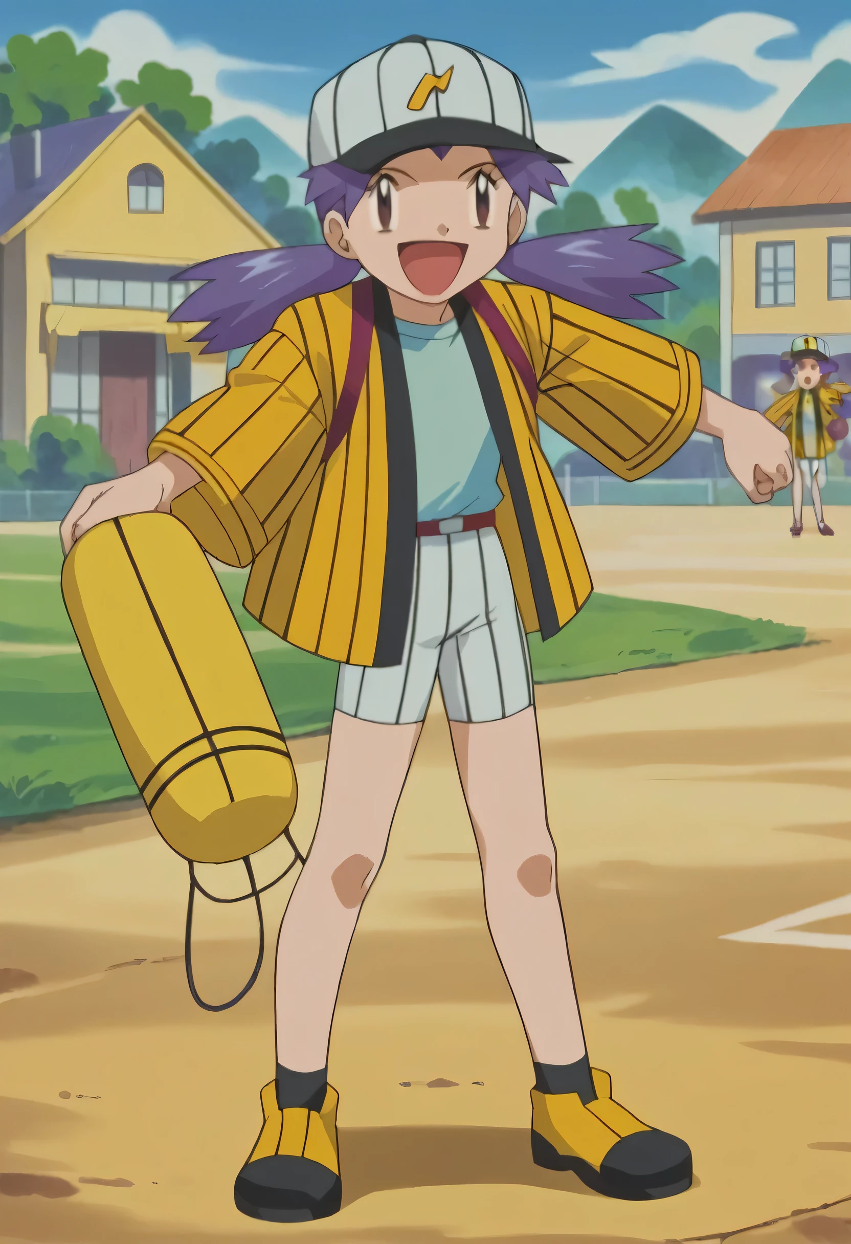 score_9, score_8_up, score_7_up, source_anime,1girl,solo,casey \(pokemon\),brown eyes,purple hair,small breasts,bangs, shirt, hat, standing, jacket, white shirt, :d, white shorts,yellow jacket,baseball cap,white cap,happy,full body,in village,baseball cleats,