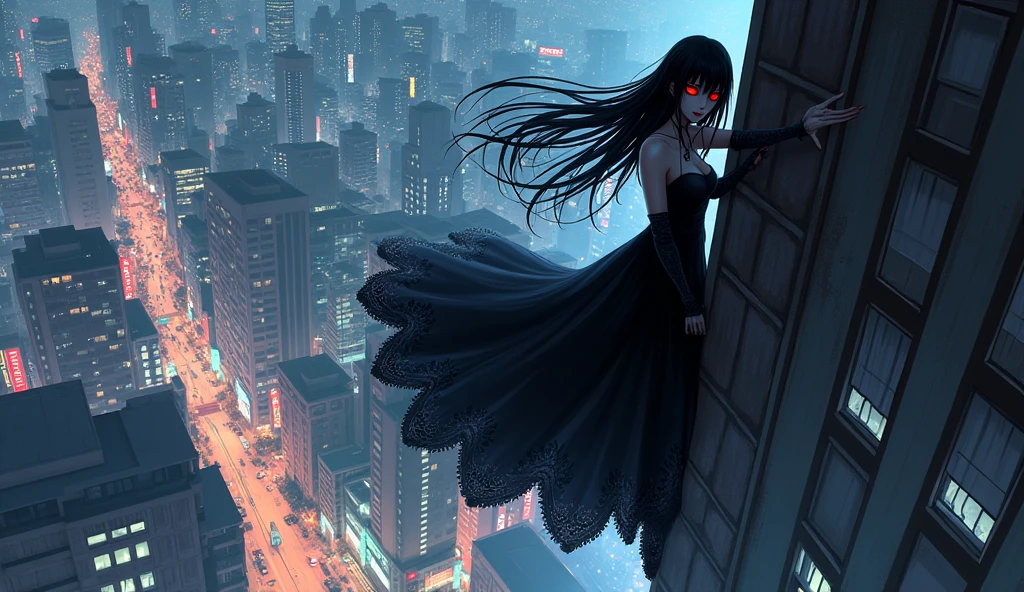 An anime-style illustration of a red-eyed spider demon jorogumo climbing a building, wearing a black dress, long straight black hair with bangs, with the background of Tokyo.