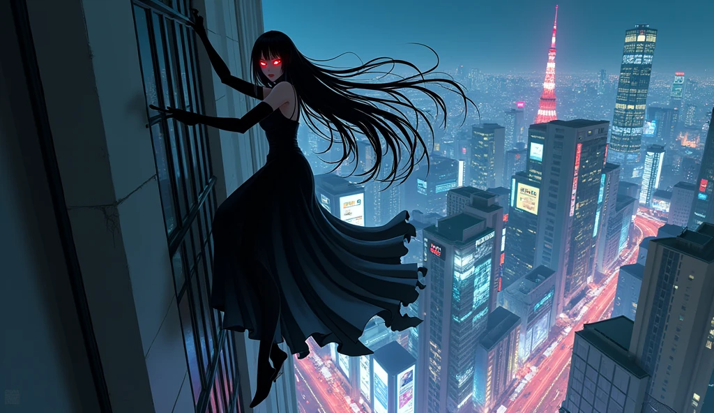 An anime-style illustration of a red-eyed spider demon jorogumo climbing a building, wearing a black dress, long straight black hair with bangs, with the background of Tokyo.