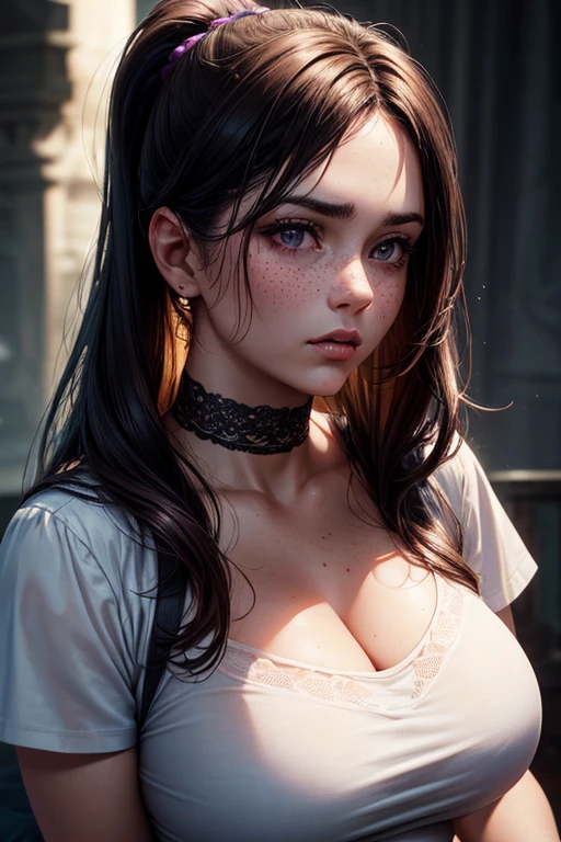 a woman in her late 30s, chubby physique, long straight dark brown hair, high ponytail, freckles, flushed cheeks, wearing a choker, large breasts, curvy figure, tied white t-shirt (braless), purple leggings (best quality,4k,8k,highres,masterpiece:1.2),ultra-detailed,(realistic,photorealistic,photo-realistic:1.37),detailed portrait, cinematic lighting, natural skin texture, intricate details, dramatic colors, moody atmosphere, seductive pose