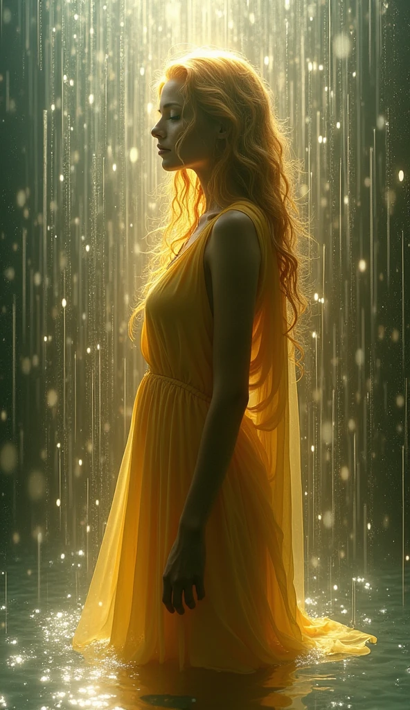 A gold goddess standing behind a rain-streaked glass, with the glass heavily distorted by water droplets and flowing streams, causing the features of the person to appear blurred and fragmented. Adding a layer of reflections from a pool, where the light dances across the glass surface, creating shimmering patterns and ripples of light that enhance the dreamy, abstract atmosphere. The background remains soft and gloomy, with muted colors blending into the scene, while the reflections introduce highlights,