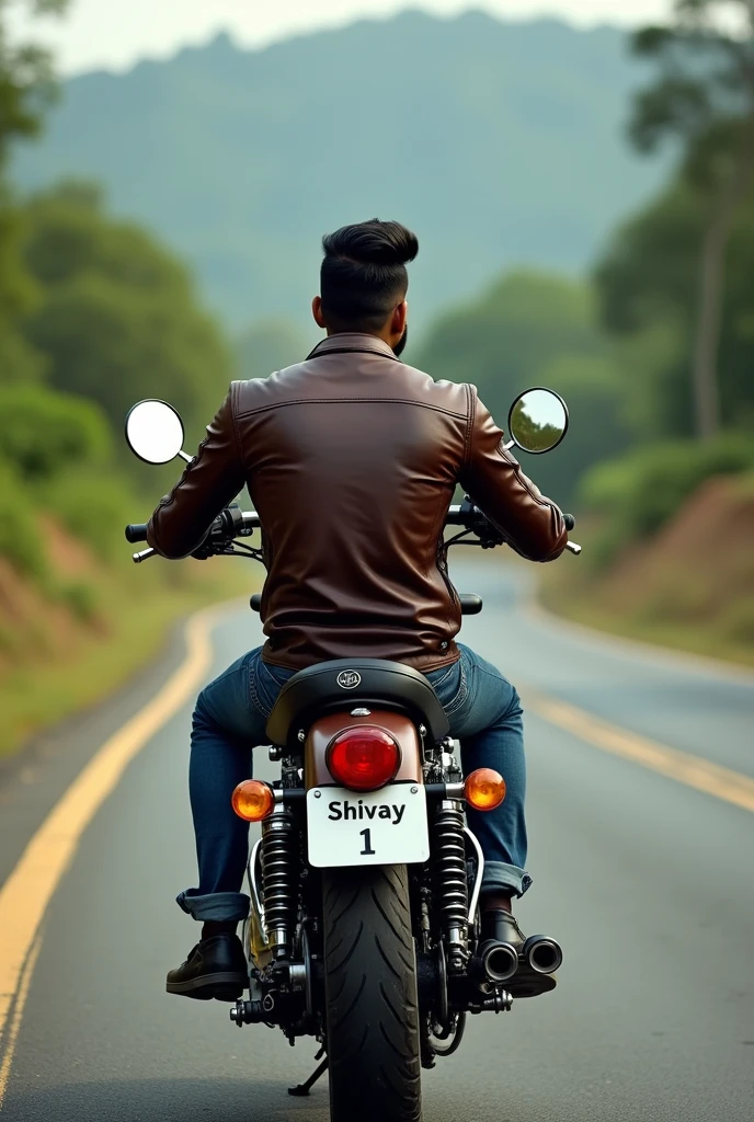 A 30 years Indian man is riding royal Enfield bike, his back side should be displayed. Shivay-1 is written on Bike plate. He wears leather jacket, his hair style is stylish.