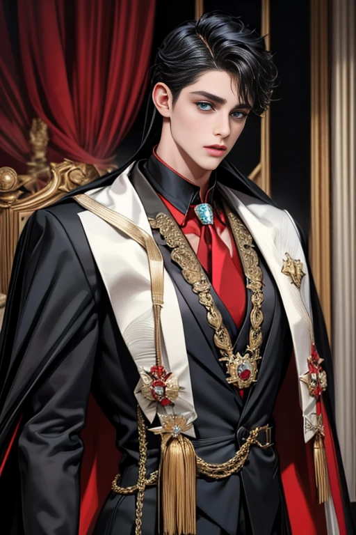 masterpiece, 最high quality, high quality, 1 boy, alone, Male focus, Upper Body,Watching the audience, Messy black hair, Adorable big blue eyes, White, Noble, Noble,A black and red cape that is bursting with sexy volume、Tuxedo、A very voluminous, large, very large, very large, long, long red and black cape with a high stand-up collar, made of a lot of fabric that reaches down to the floor., ,cute beautiful,Cute, cute, kind, handsome guy