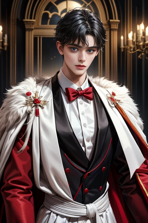 masterpiece, 最high quality, high quality, 1 boy, alone, Male focus, Upper Body,Watching the audience, Messy black hair, Adorable big blue eyes, White, Noble, Noble,A black and red cape that is bursting with sexy volume、Tuxedo、A very voluminous, large, very large, very large, long, long red and black cape with a high stand-up collar, made of a lot of fabric that reaches down to the floor., ,cute beautiful,Cute, cute, kind, handsome guy