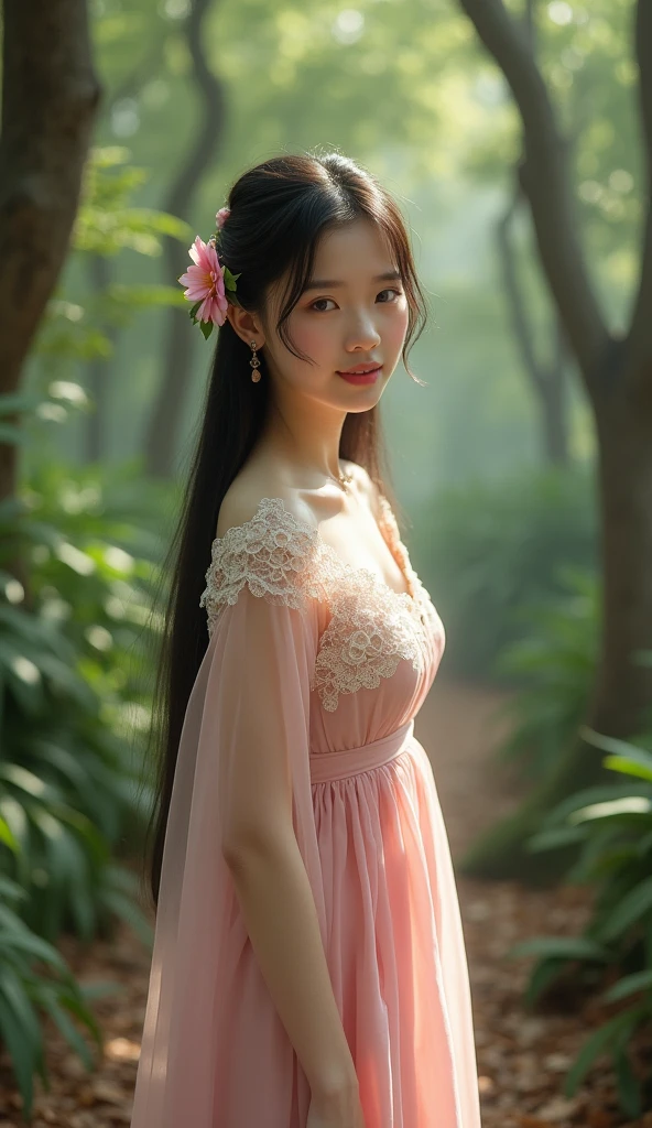 Picture of a beautiful ancient Thai woman with long straight hair and an oval face, standing in the forest amidst soft sunlight shining through the trees. Wearing a long light pink dress decorated with white lace, she has a sweet, pretty face, bright eyes, a pink flower adorning her hair, and light pink make-up. The background is a brownish-green forest, with a shady, cool atmosphere. Sunlight shines down softly, creating soft shadows.