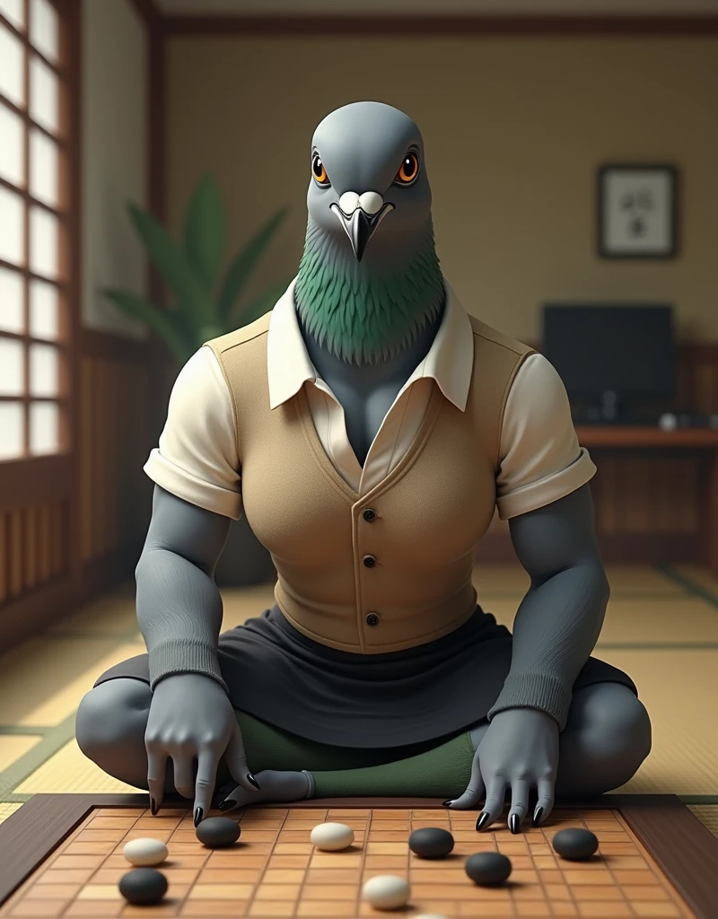A gray female pigeon wearing an off-white collared short-sleeved shirt, a light brown vest, a knee-length black skirt, dark green socks and black shoes.、Sitting upright in a Japanese-style room, playing Go、Muscular grey female pigeon、Photorealistic images