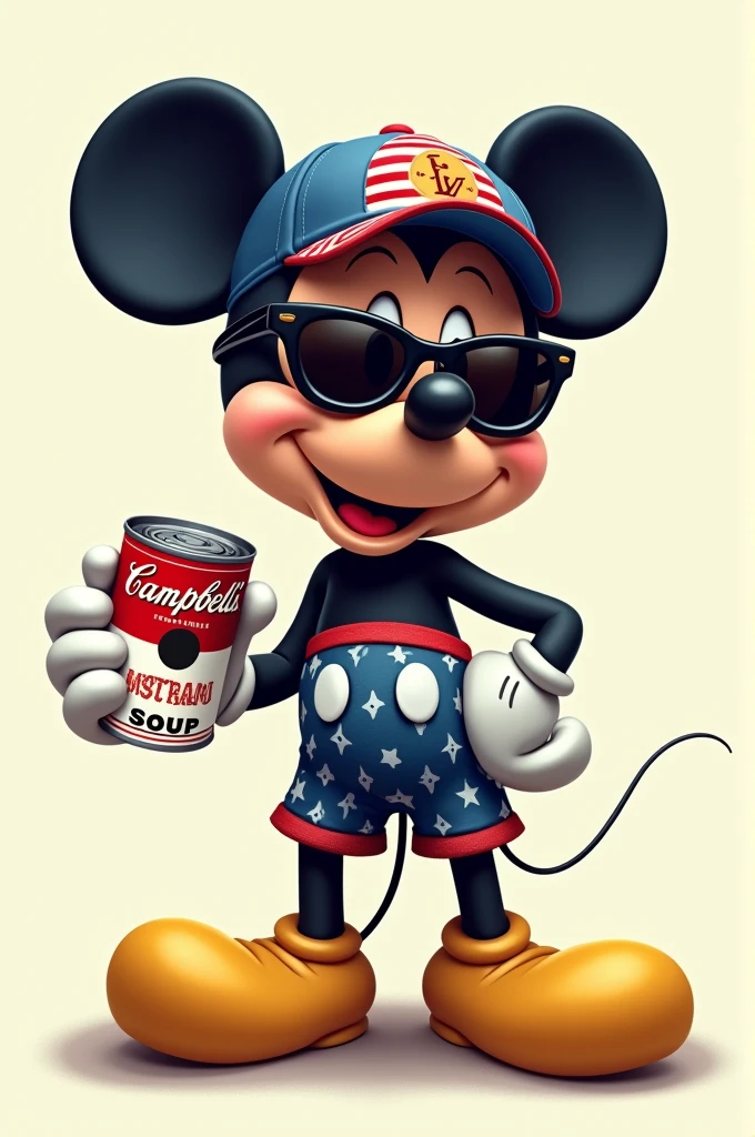 Mickey mouse wearing a blue and red American hat, with Louis Vuitton brand glasses, holding a can of campbell soup, em 2d