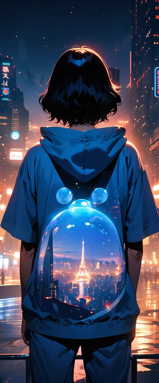 (extremely detailed CG unity 8k wallpaper), (best quality), (best illustration), (best shadow), realistic lighting, beautiful detailed reglow, masterpiece, best quality, lofi artstyle, lofi art, 80s anime style, Retro, 1boy, black hair, blue theme, bubble, building, city, city lights, cityscape, facing away, from behind, hood, hood down, hoodie, male focus, night, night sky, outdoors, pants, scenery, short hair, sky, solo, standing, star \(sky\)