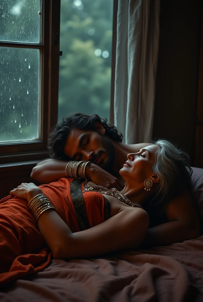 ((best quality)), ((masterpiece)), (detailed), Beautiful Indian Old Woman wearing bangles, Large Breasts Exposed, Lying and kissing on bed with a Young Boy, Dim lamp light in the room, rain pouring outside the window.