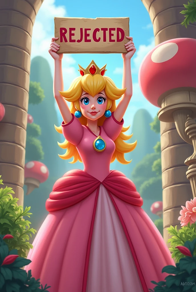 Princess Peach holds up a rejected sign