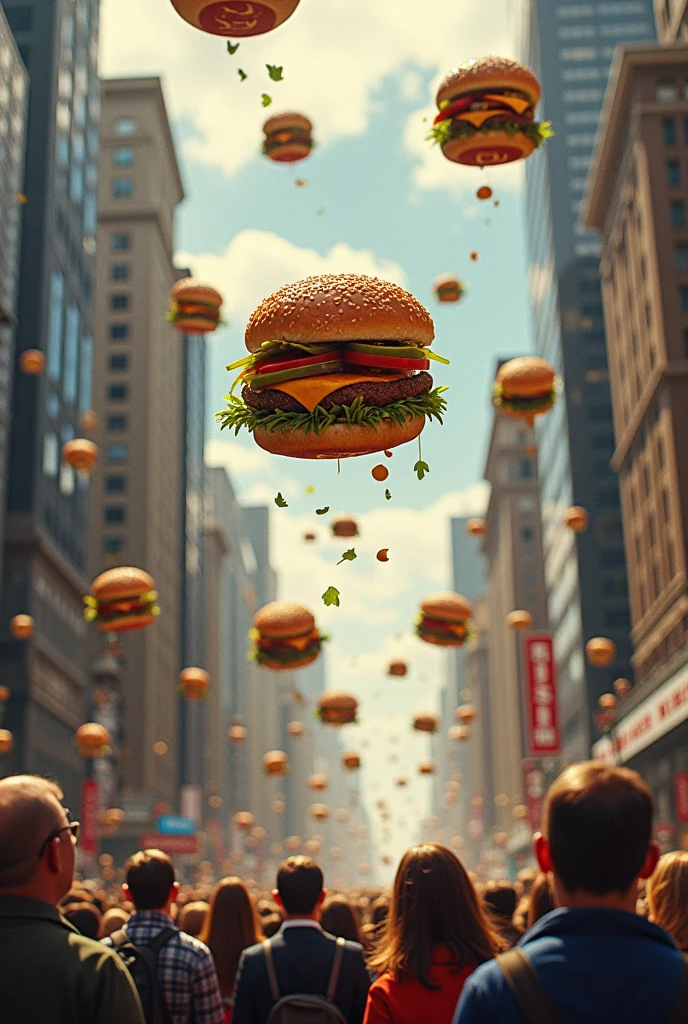 Burger rain falling everywhere like rain on a city