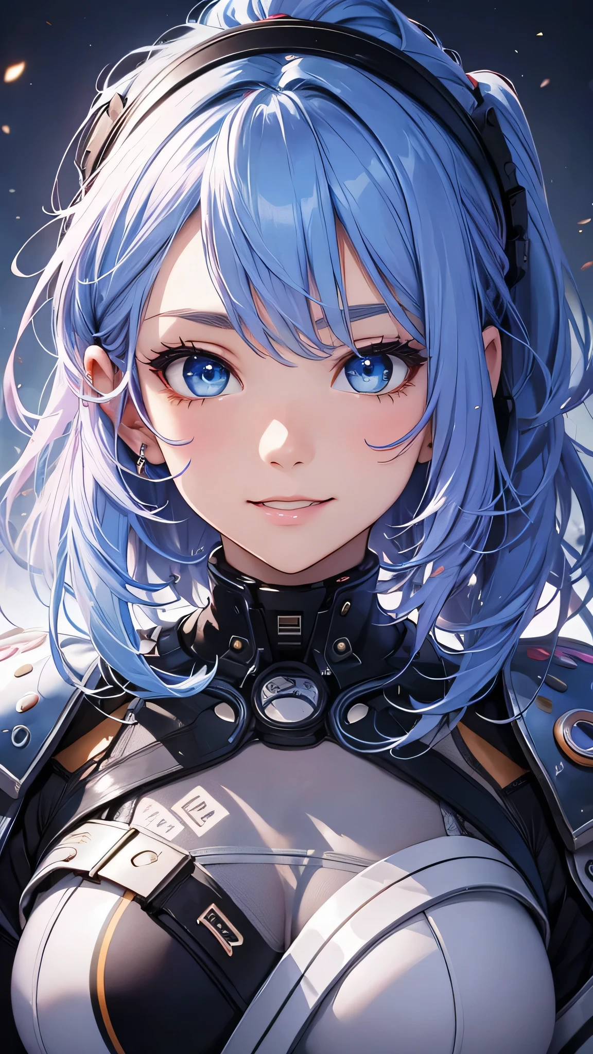 最high quality、Best image quality、masterpiece、and((cute、1、Best Bust、Medium Bust、Beautiful Blue Eyes、Spread your chest wide,Pastel colored hair、ponytail、Disheveled Hair、thin、Highest valley、Cyber Suit、smile、necklace、Show the whole body))high quality、Beautiful art、background((Virtual Space)),Tabletop、Exquisite design、Visual Arts、Written boundary depth、Best lighting、Highest detail、8k