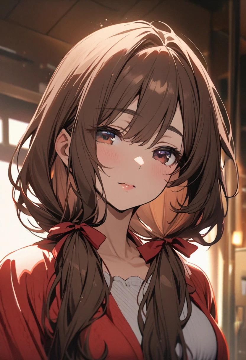Solo, 1girl, Long Hair, brown hair, brown eyes, mature,  red bow, high detail, beautiful eyes, beautiful color,  cute, adult, low twin tails, half eyes, glazing to the distance