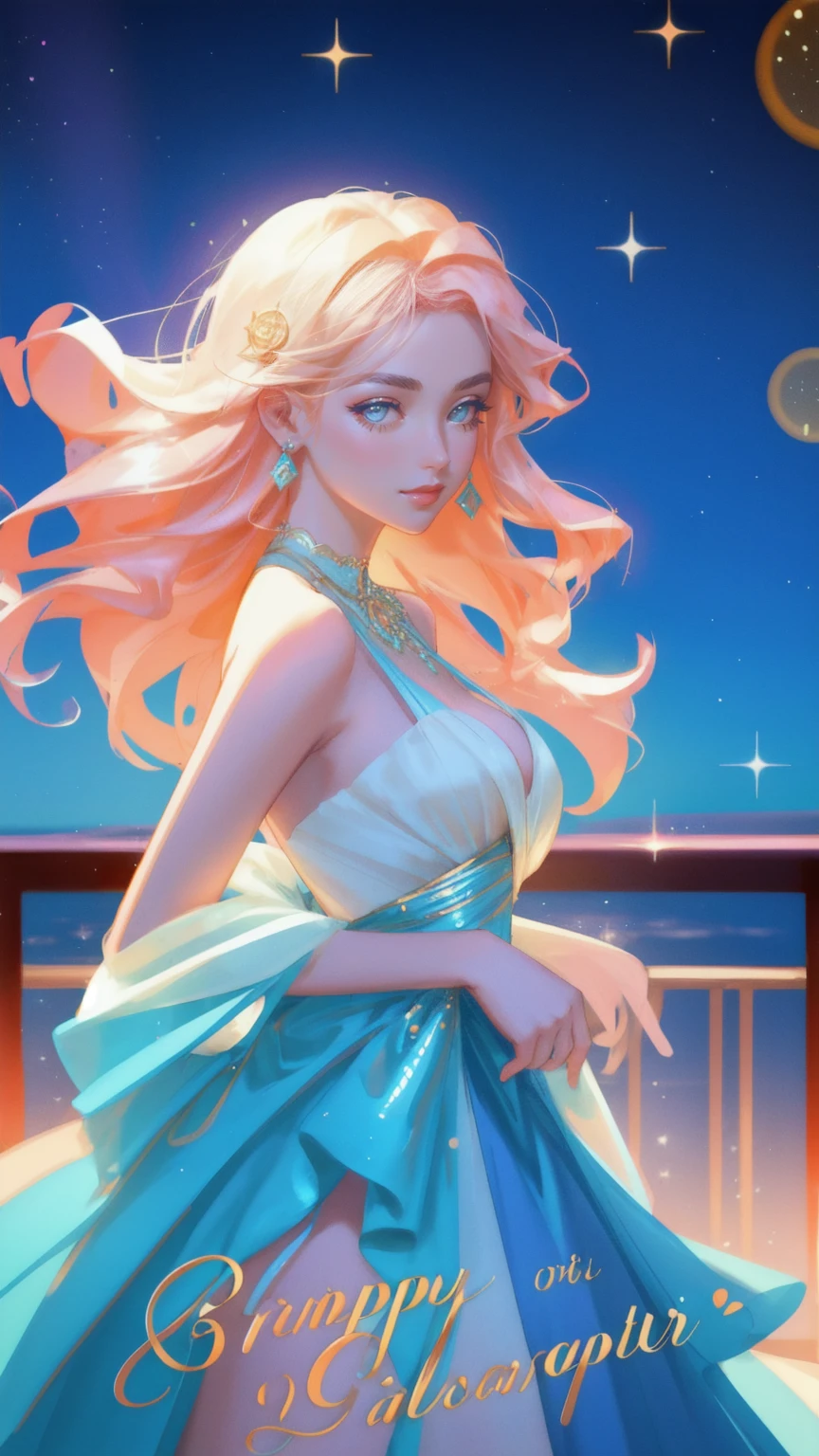 Generate a glamorous party scene on the deck of the 'Early Adopter's Cruiser,' featuring a beautiful girl dressed in an elegant evening gown with vibrant colors, holding a champagne bottle. The background must be a vivid blue, with Bitcoin symbols glowing under the disco lights. Surround the area with floating Bitcoins, creating a luxurious and celebratory atmosphere.
