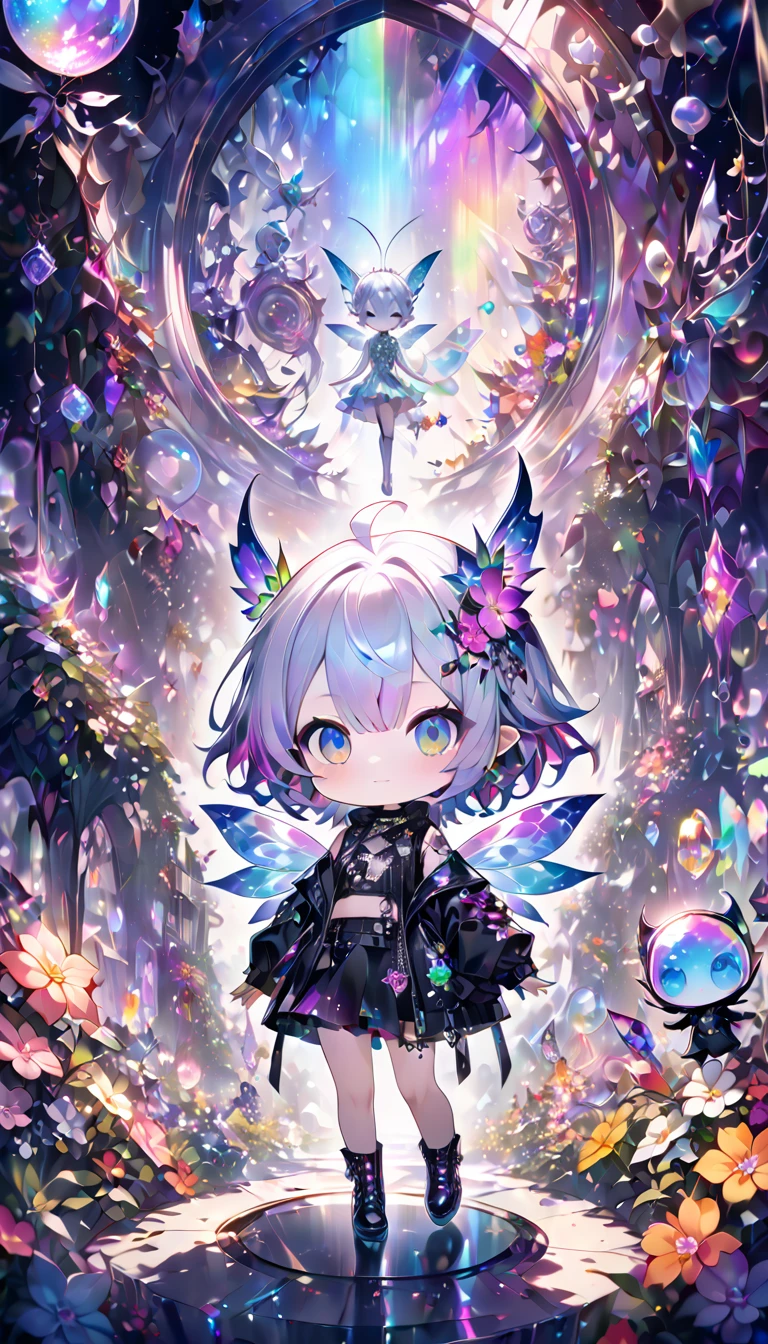 chibi, fantasy world that combines flower-punk and gem-punk, fairy spirits of beauty, background distorted space from another dimension, cute little devils, conceptual installation art, (ultra detailed, absolutely resolution, best quality:1.3), 2.5D, delicate and dynamic effects, foggy filter effects, iridescent glitter effects, artistic, hyper, graphic CG digital art