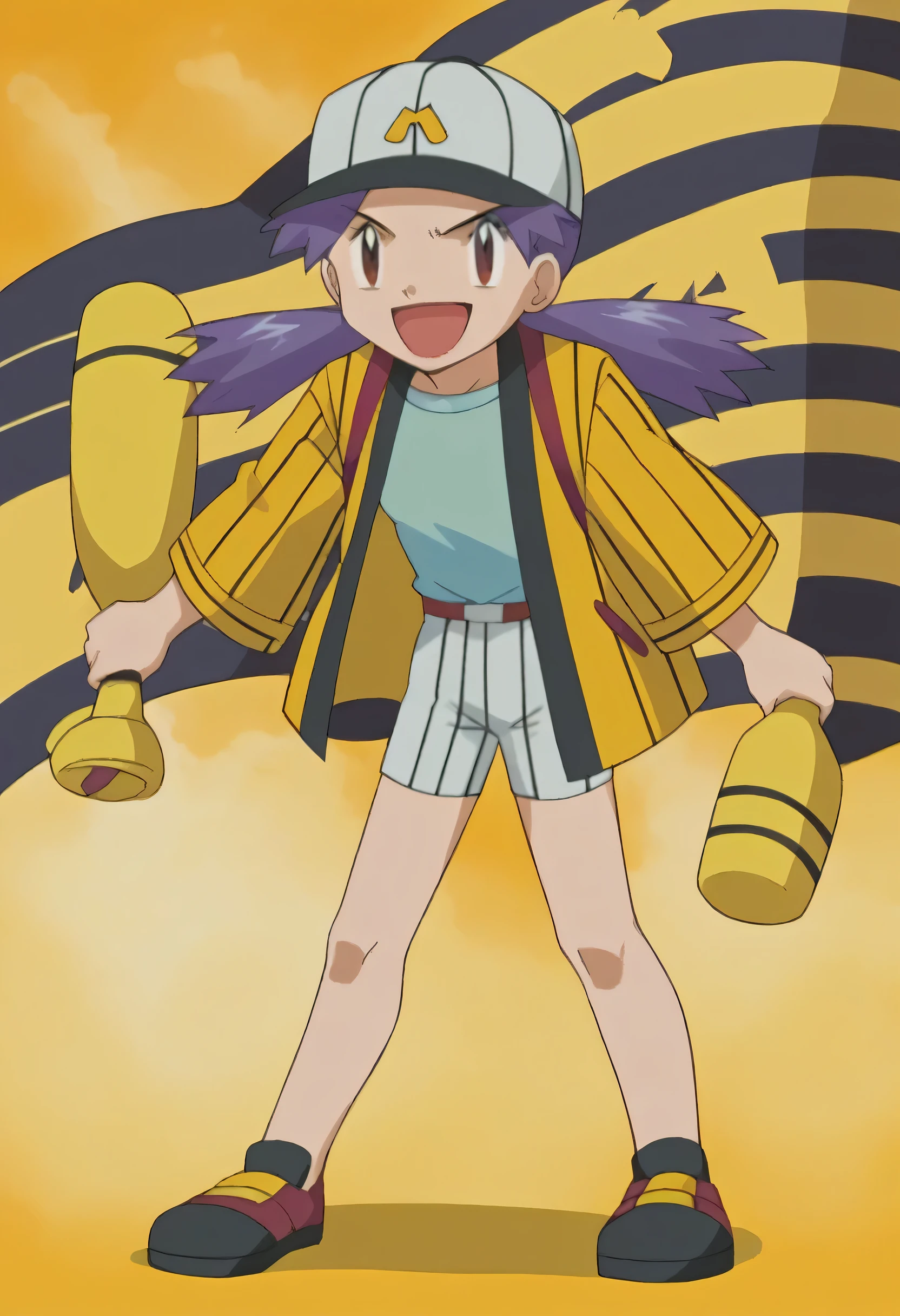 score_9, score_8_up, score_7_up, source_anime,zettai ryouiki,1girl,solo,casey \(pokemon\),brown eyes,purple hair,small breasts,bangs, shirt, hat, standing, jacket, white shirt, smile,open mouth, white shorts,yellow jacket,baseball cap,white cap,happy,full body,in village,baseball cleats,